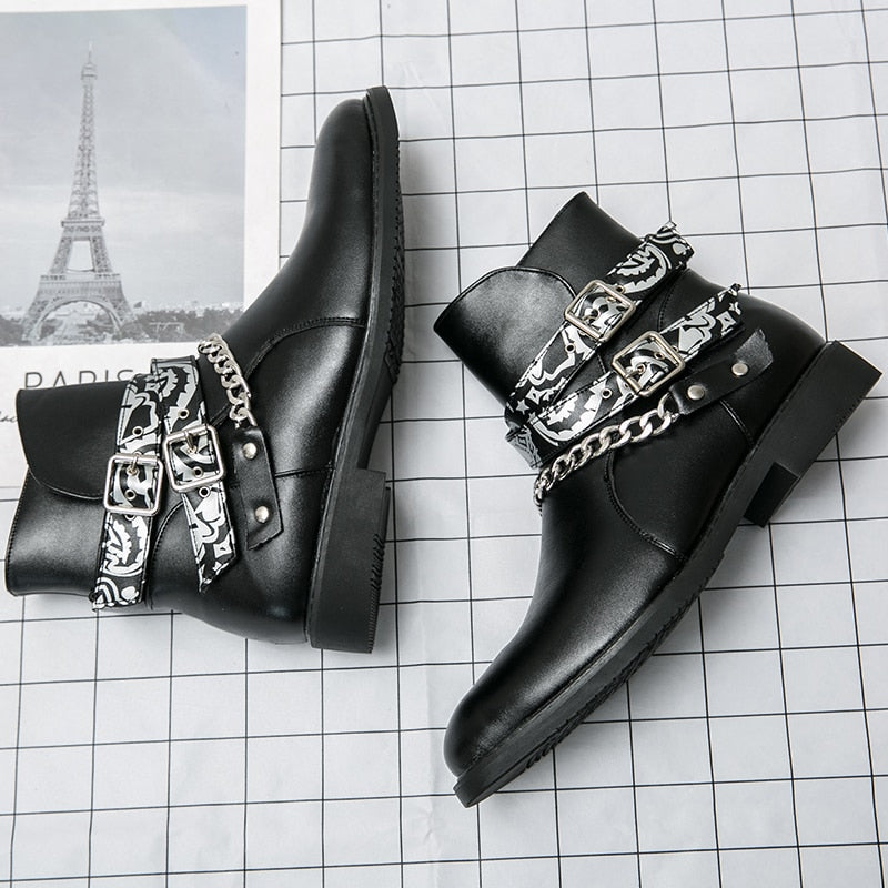 Chain Buckle Strap Pointed Toe Leather Boots