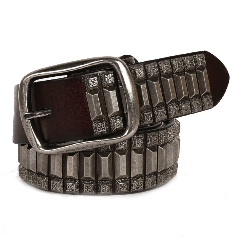 Geometric Metal Studded Genuine Leather Belt