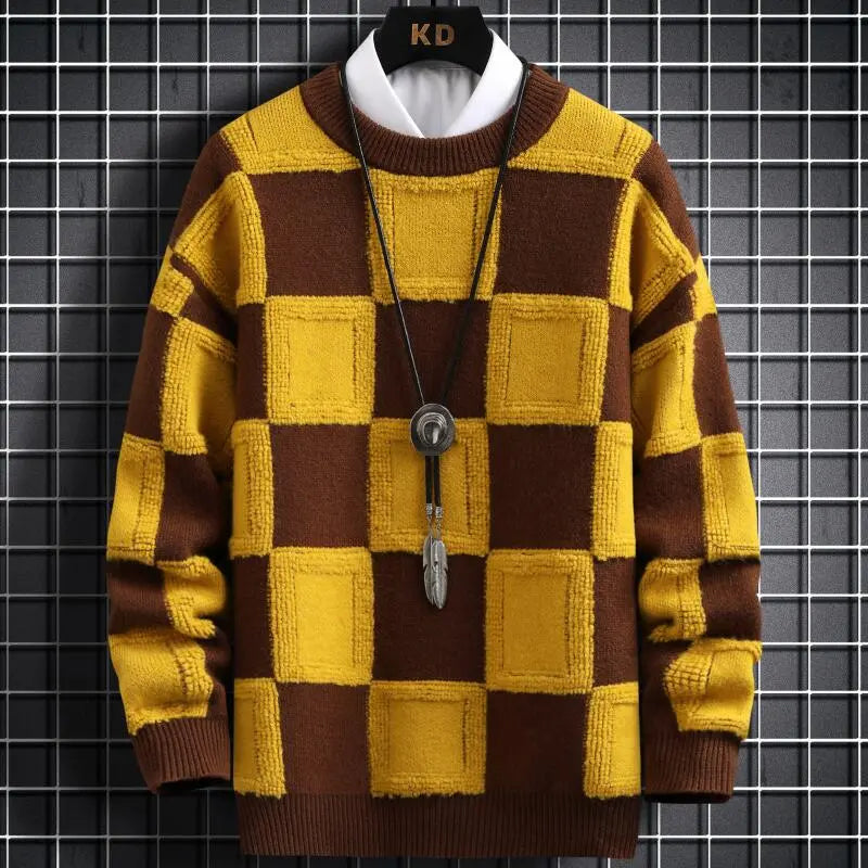 Thick Knitted Checkered Pattern Sweater