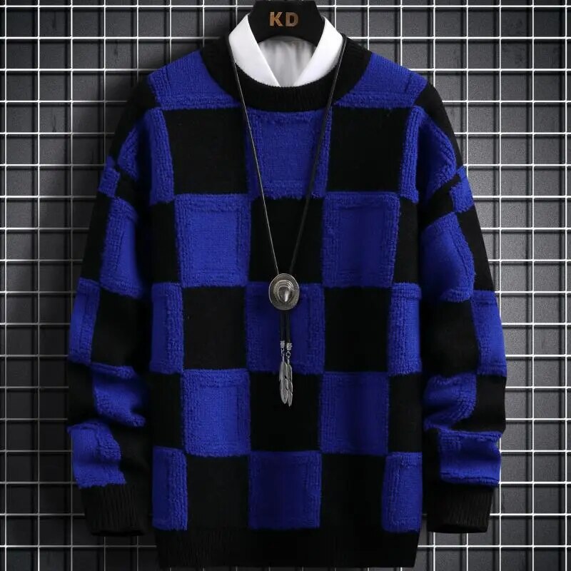 Thick Knitted Checkered Pattern Sweater