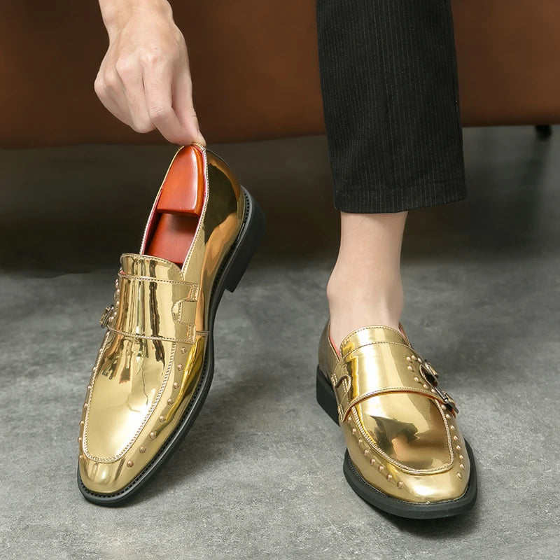 Shiny Color Rivet Leather Monk Shoes