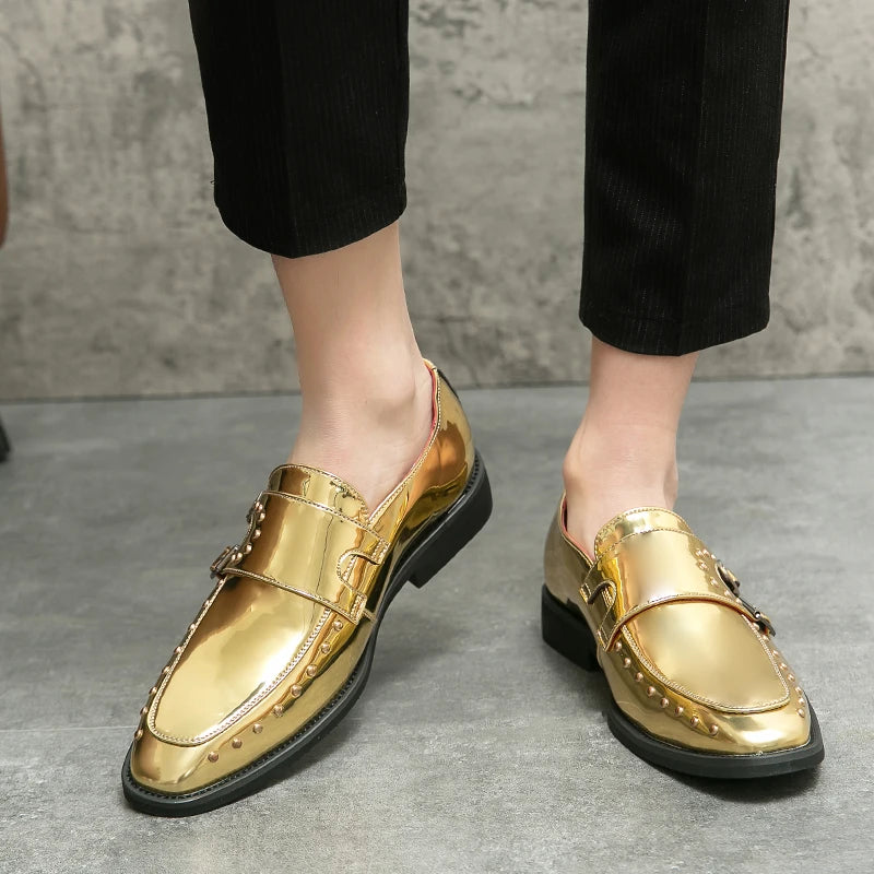Shiny Color Rivet Leather Monk Shoes