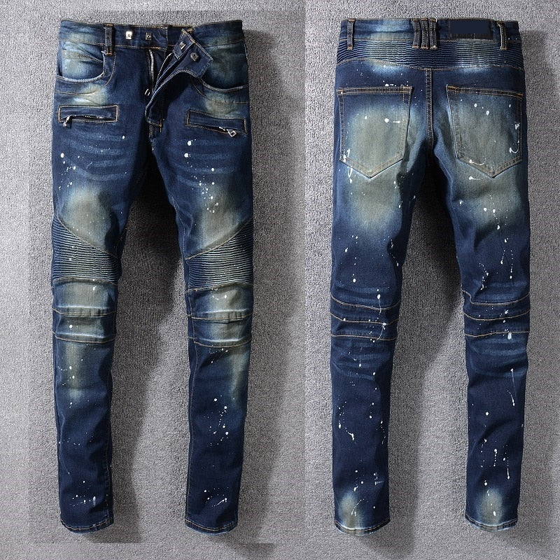 Blue with Paint Spots and Faded Partial Detail Men Slim Jeans - FanFreakz