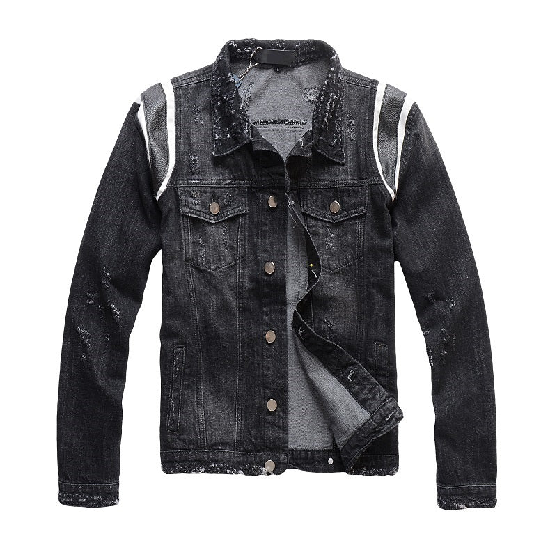 Black Patched Shoulder Simple Distressed Style Men Denim Jacket - FanFreakz