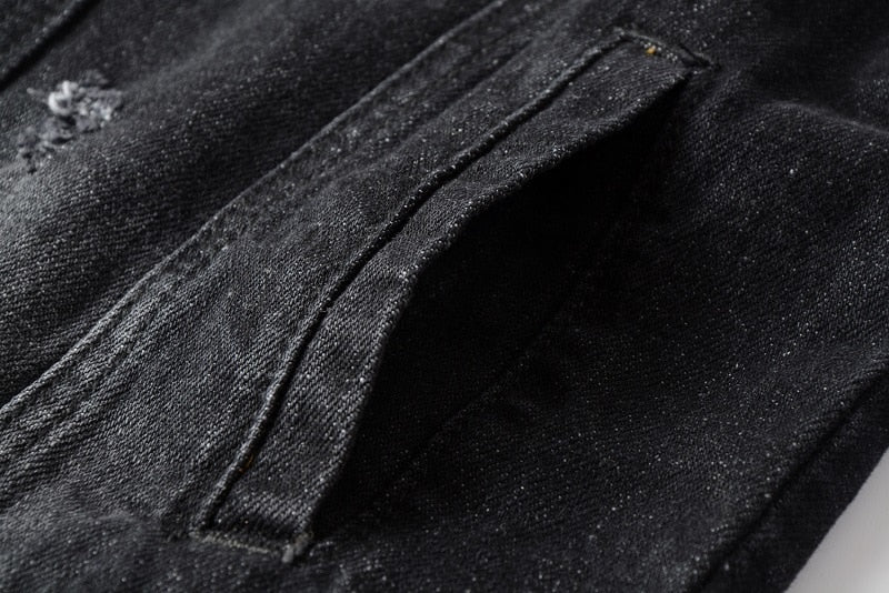 Black Patched Shoulder Simple Distressed Style Men Denim Jacket - FanFreakz