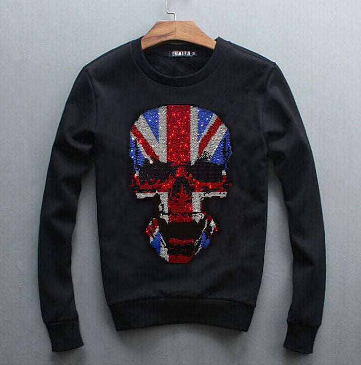 Britain Flag On Rhinestone Skull Style Sweatshirt