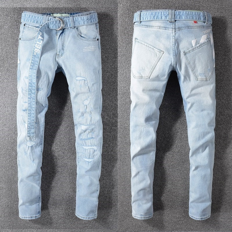 Distressed Washed Blue with Long Belt Style Men Jeans