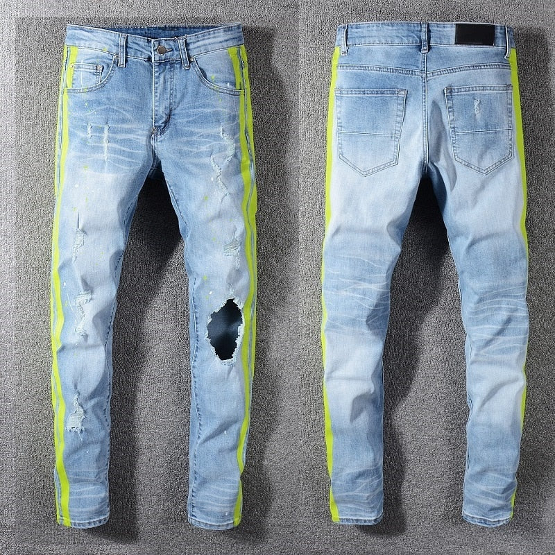 Green Side Stripes One Hollow Out Style Men Jeans