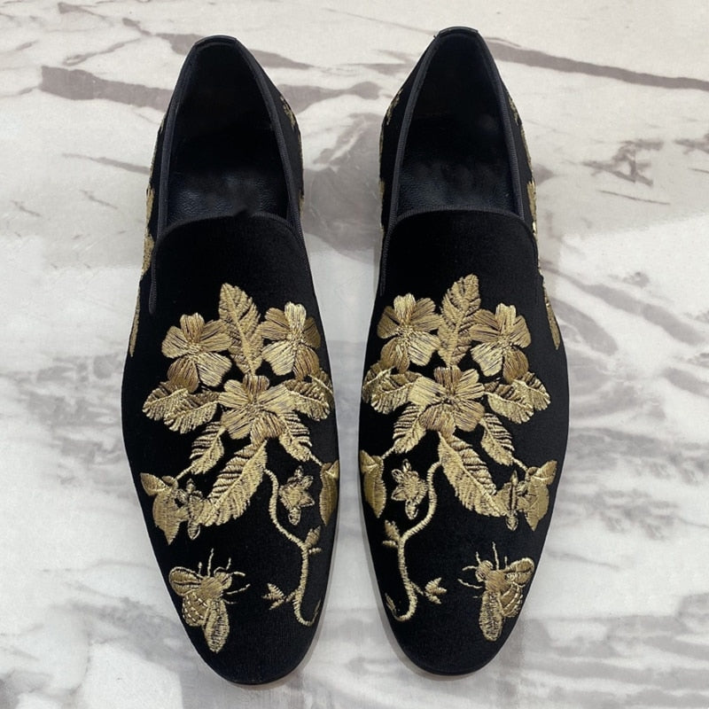 Floral Embroidery Black Flock Loafers