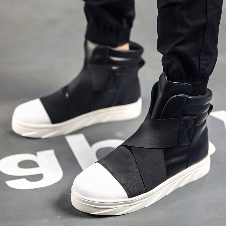 Cross Tied Flat Round Toe High Top Style Men Sneakers