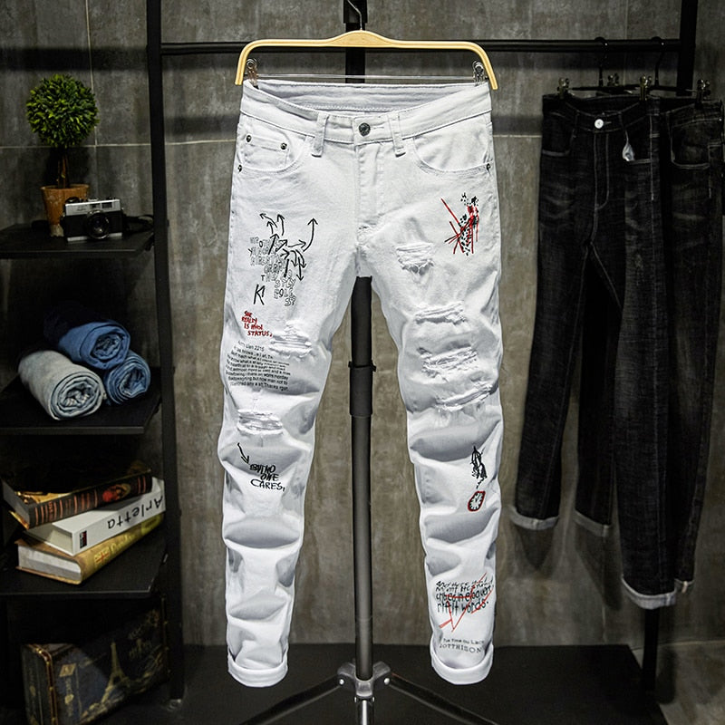 Printed Ripped White Skinny Jeans