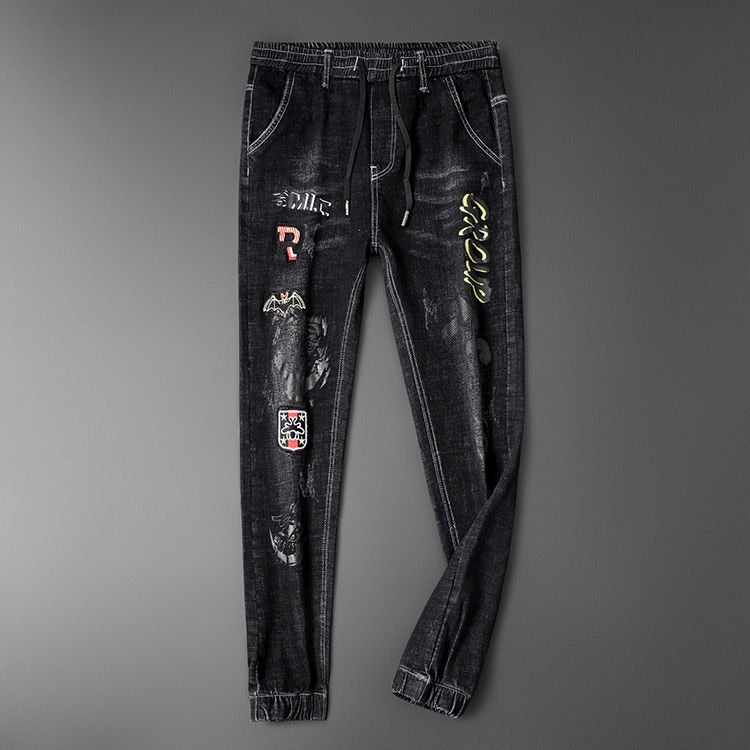 Bats Embroidery and Letter Printing Decorated Jeans