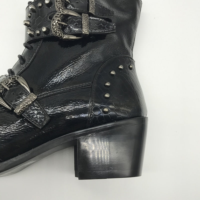 Punk Style Men High Top Boots with Iron Pointed Toe Lace Up Cowboy