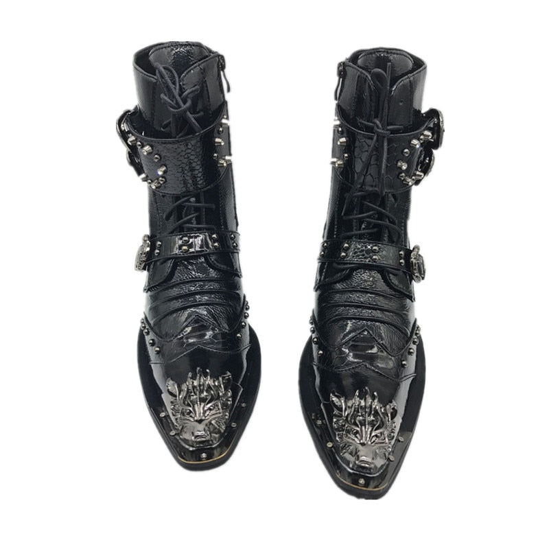 Punk Style Men High Top Boots with Iron Pointed Toe Lace Up Cowboy