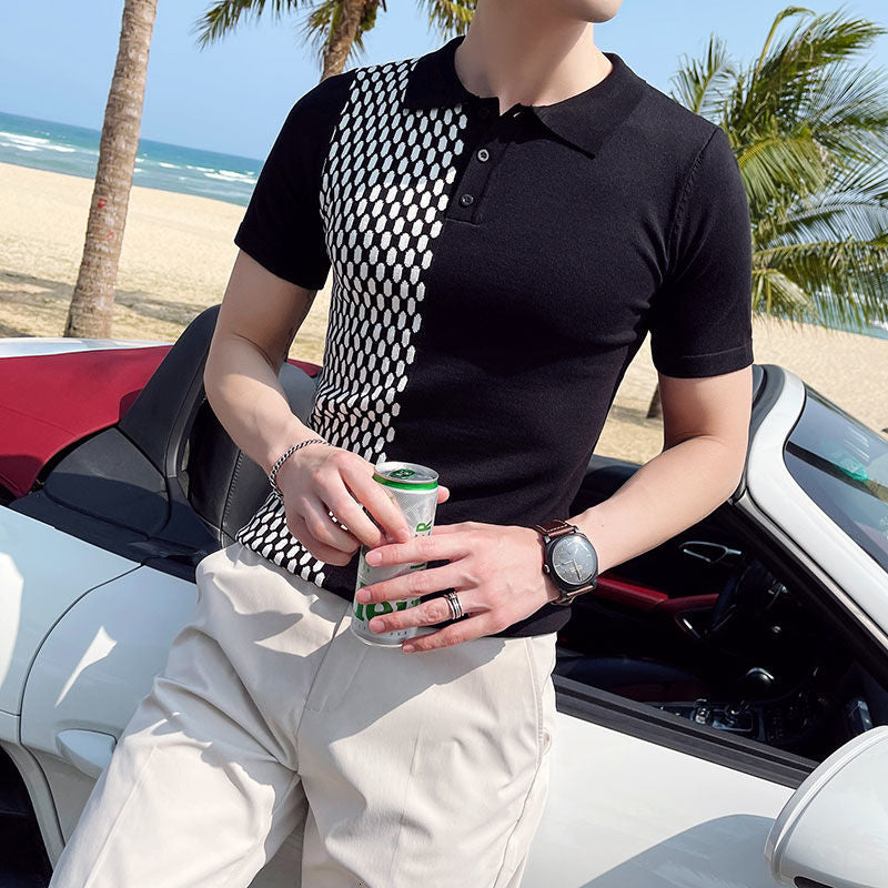 Half-Checkered Two-Tone Polo Shirt