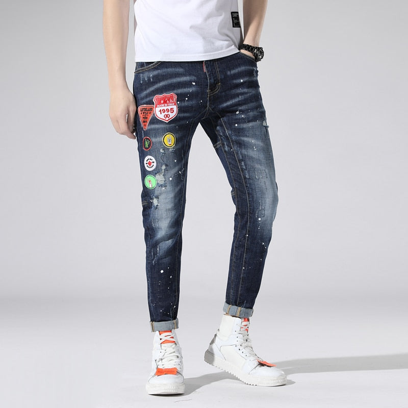 Embroidery Spliced Elastic Stretch Slim Style Men Jeans