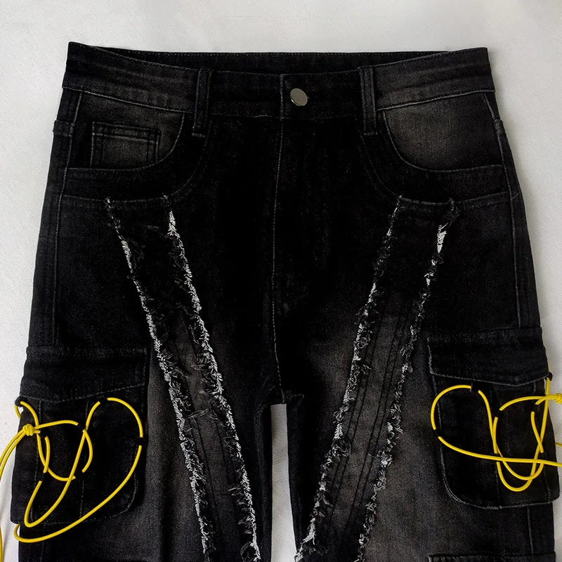 Black Ripped Lace-Up Straight Jeans