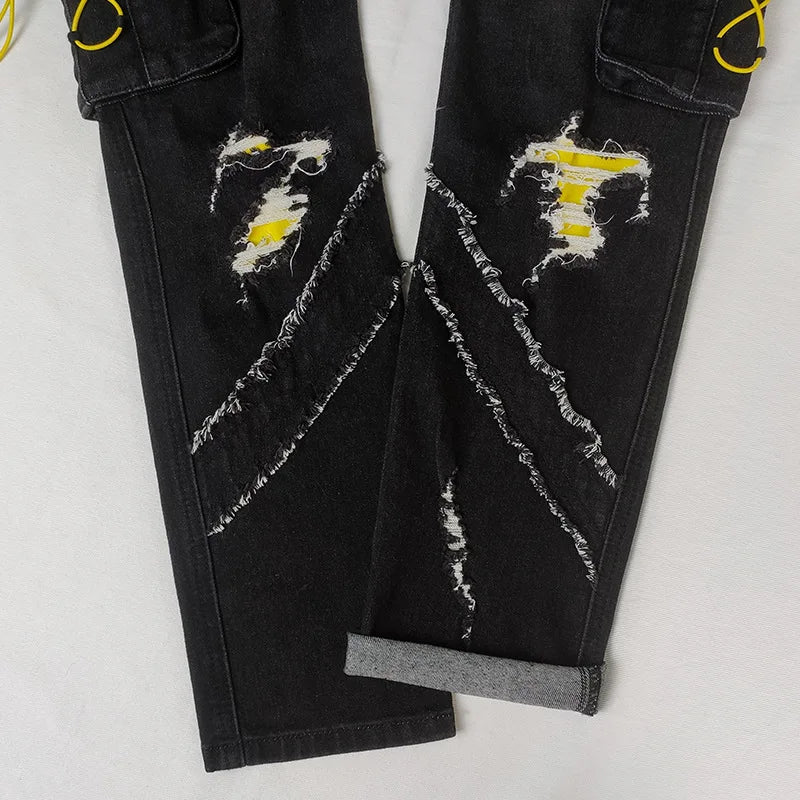 Black Ripped Lace-Up Straight Jeans