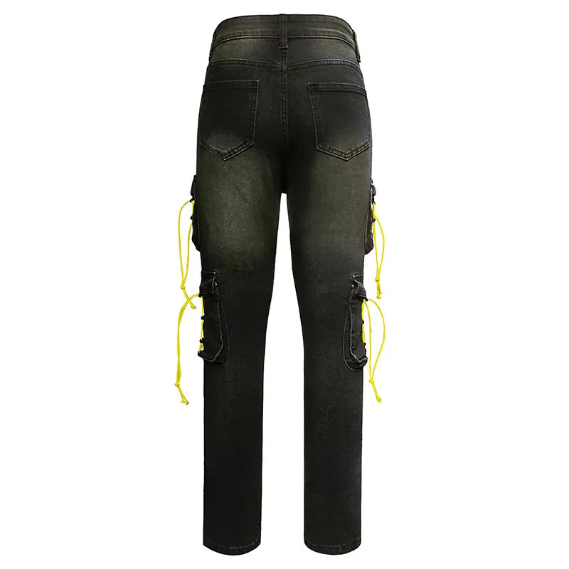 Black Ripped Lace-Up Straight Jeans