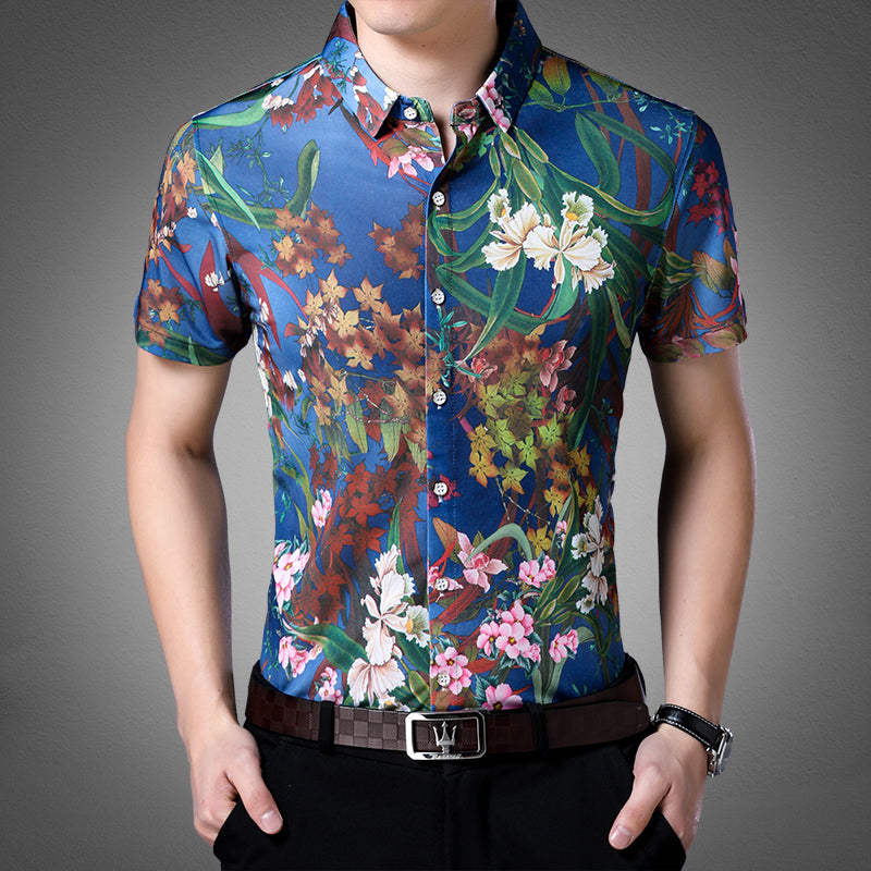 Ocean Blue in Floral Pattern Print Men Slim Fit Shirt - FanFreakz