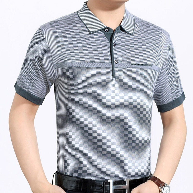 Plaid Pattern Decorated Solid Color Polo Shirt