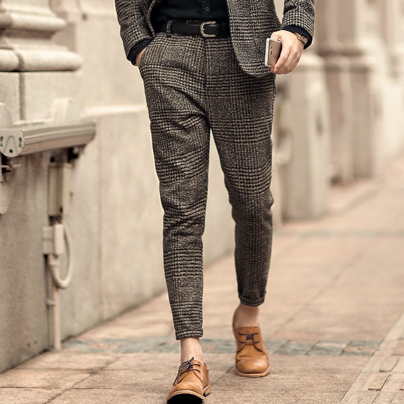 Casual Grey Plaid Woolen Stretch Men Trousers