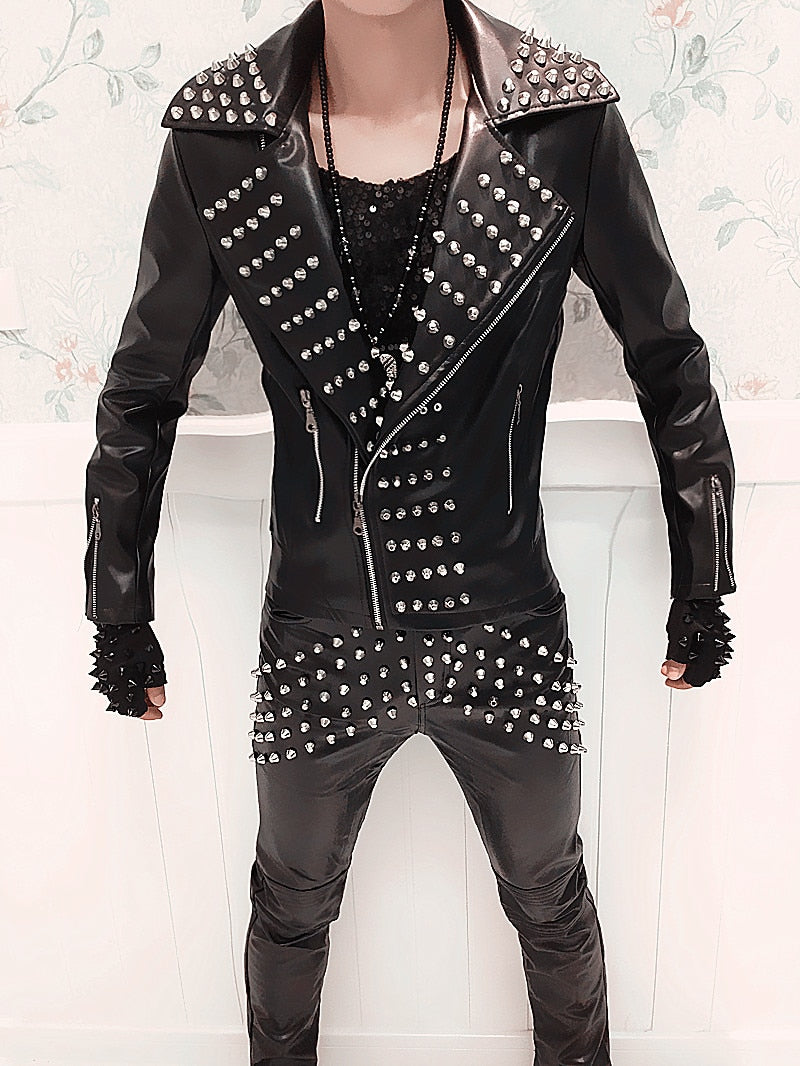 Singer Punk Rock Rivets Black Style Men Leather Jacket