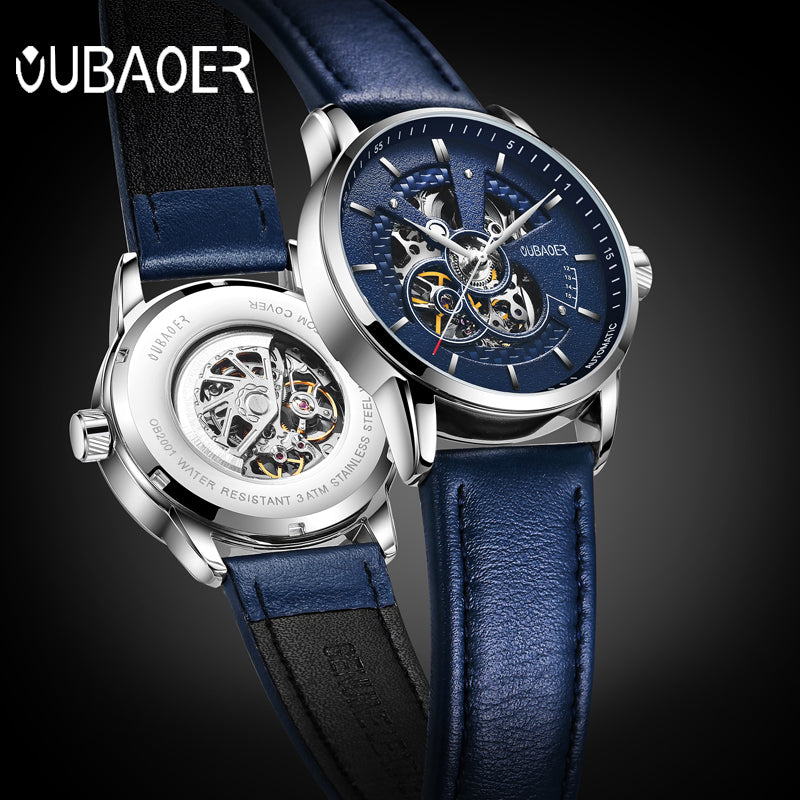 Simple Sport Style Semi Skeleton Men Automatic Watch with Leather Strap