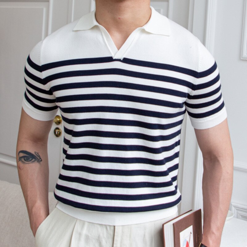 Contras Stripes Knitted Slim Fit Polo Shirt