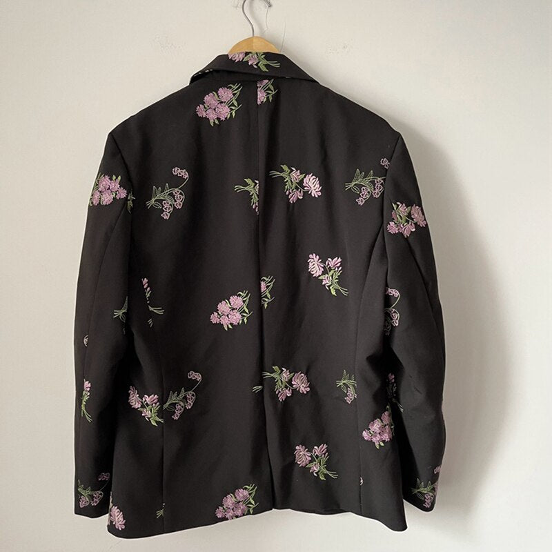 Floral Embroidery Black Blazer