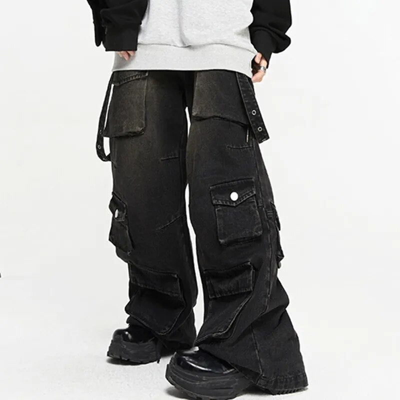 Street Multi Pocket Loose Black Jeans