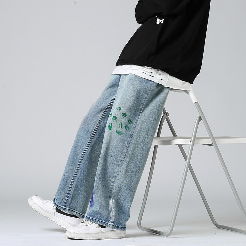 Abstract Paint Decoration Loose Mid Waist Jeans