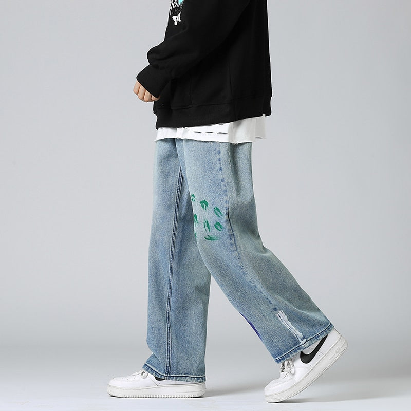 Abstract Paint Decoration Loose Mid Waist Jeans