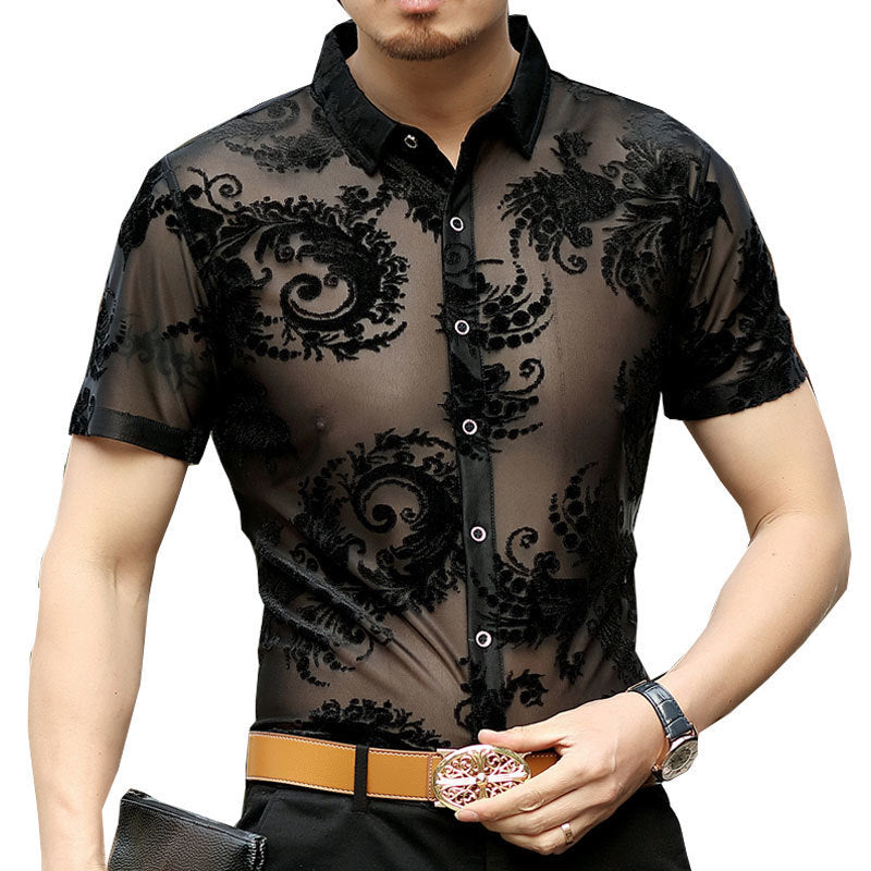 Baroque Floral Pattern Transparent Men Short Sleeve Shirt - FanFreakz