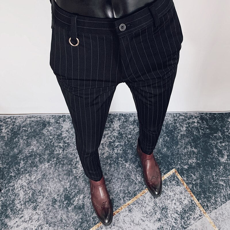 Black Striped O-Ring Polyester Trousers