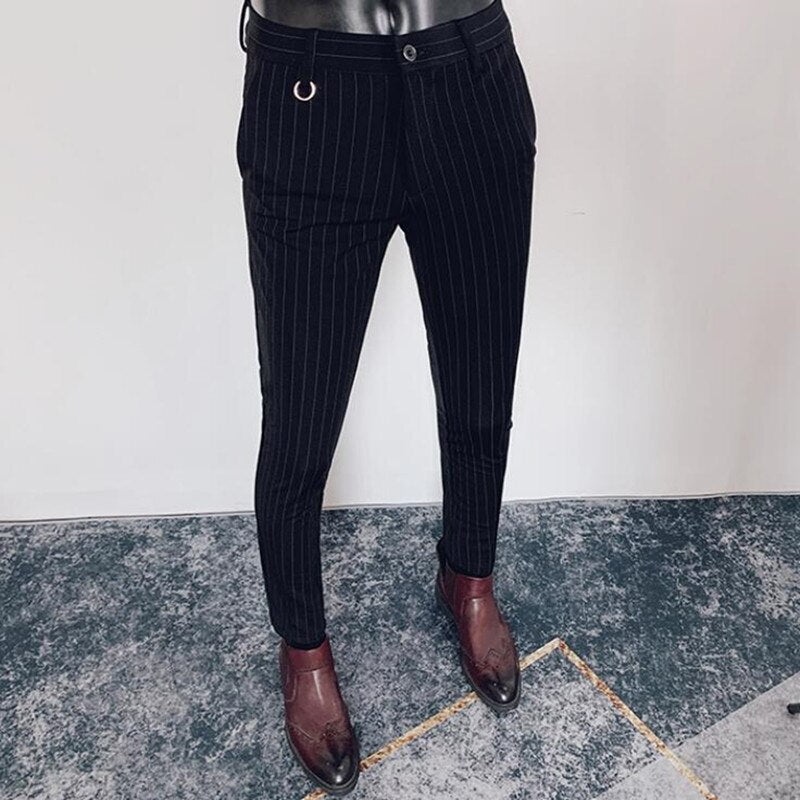 Black Striped O-Ring Polyester Trousers