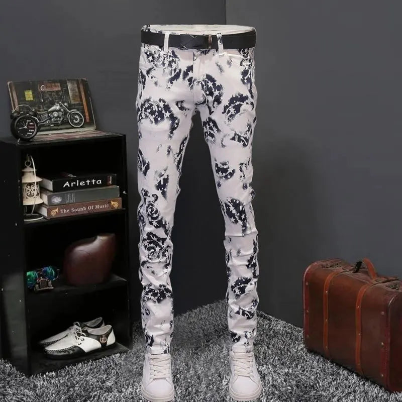 White Color Printed Pattern Jeans