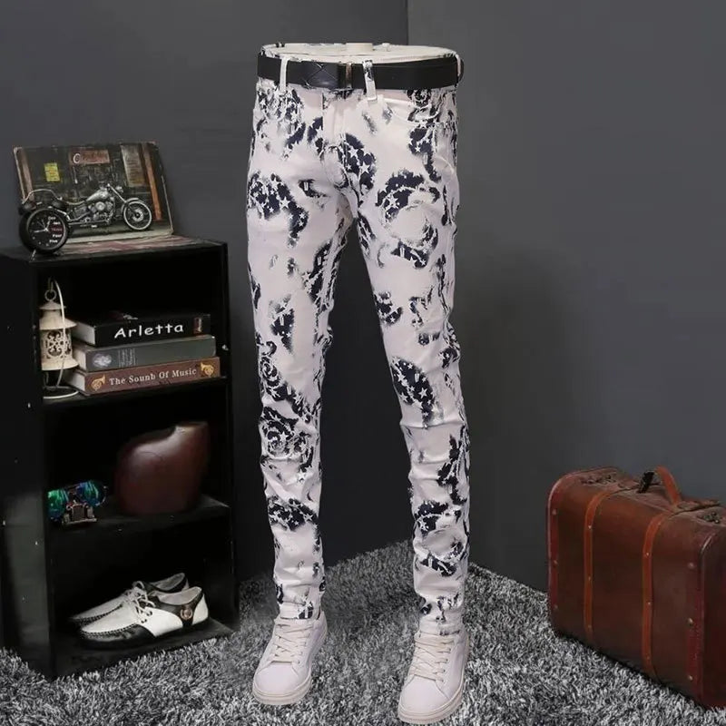 White Color Printed Pattern Jeans