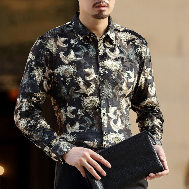 Gold Planting Bird Print Semi See Through Men Velvet Shirt