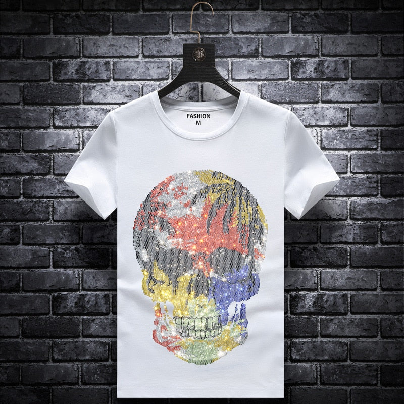 Palm Trees On Colorful Rhinestone Skull Style T-Shirt
