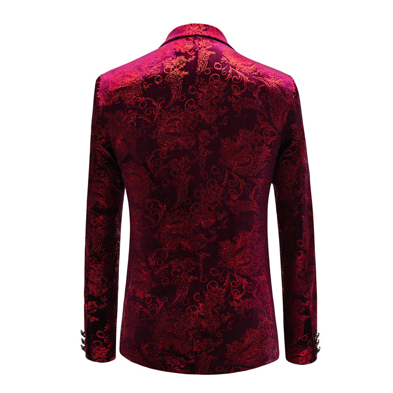 Baroque Pattern Men Slim Fit Burgundy Velvet Blazer - FanFreakz