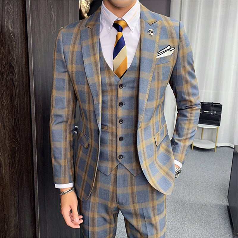 Khaki Gray Plaid Classic Slim Fit Formal Style Men Suits