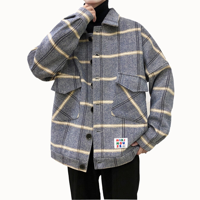 Men Plaid Combination Oversized Jacket with Pockets