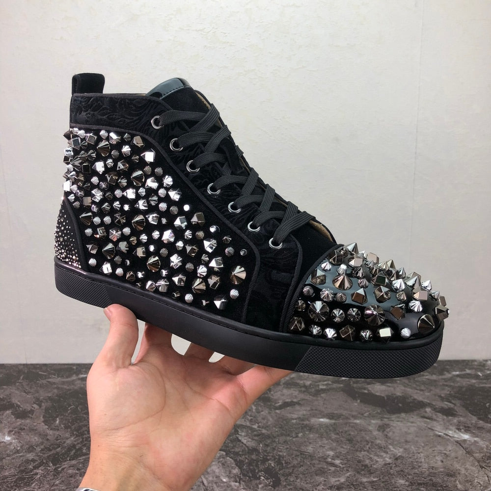 Black with Spikes Studded Lace Up High Top Style Men Sneakers