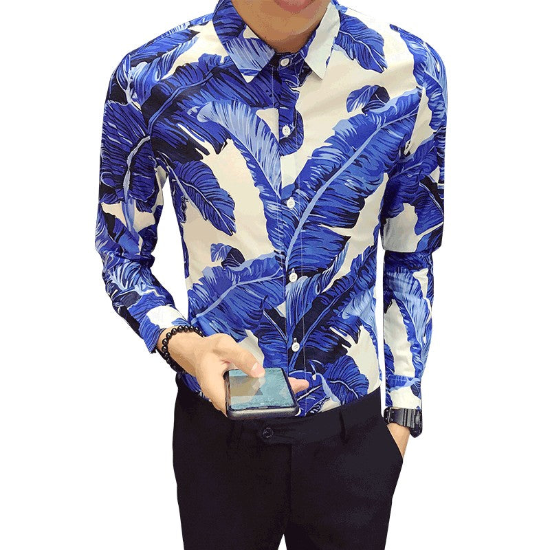 Banana Leaves Print in Bold Color Men Slim Fit Long Sleeves Shirt - FanFreakz