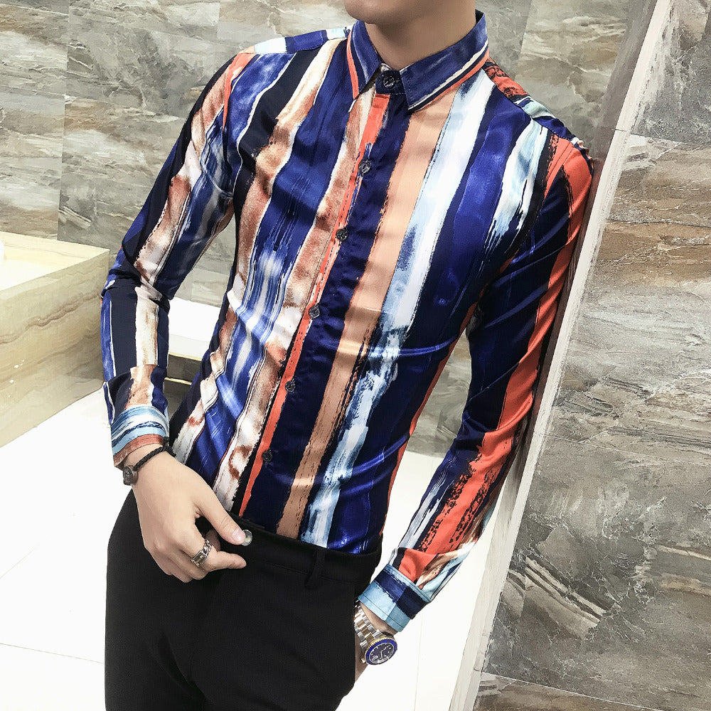 Brushed Stroke Stripe Print Multicolor Men Slim Fit Long Sleeves Shirt - FanFreakz