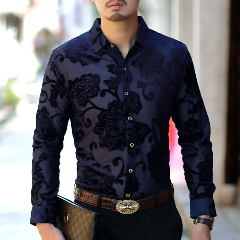 Sexy See Through Rose Flower Pattern Men Long Sleeves Shirt