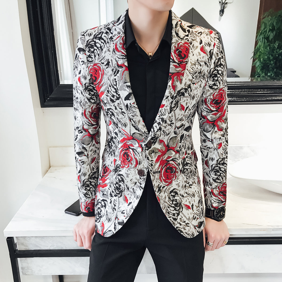 Rose in Contrast Print Men Slim Fit Velvet Blazer