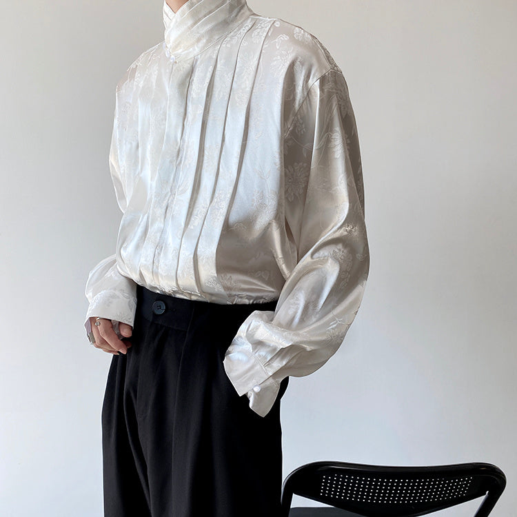 Chinese Pleated Stand Collar Shirt