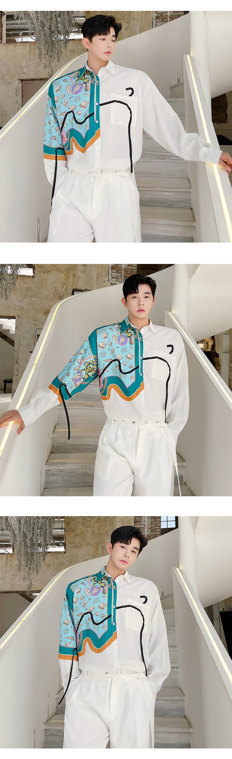 Printed Silk White Men Shirt